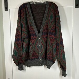 VTG Sears Roebuck‎ Co Knit Cardigan Sweater L Gray Argyle Wool Blend 80s Grandpa
